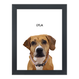 Black-framed 'Lyla' dog portrait on a white 12x16 canvas background.