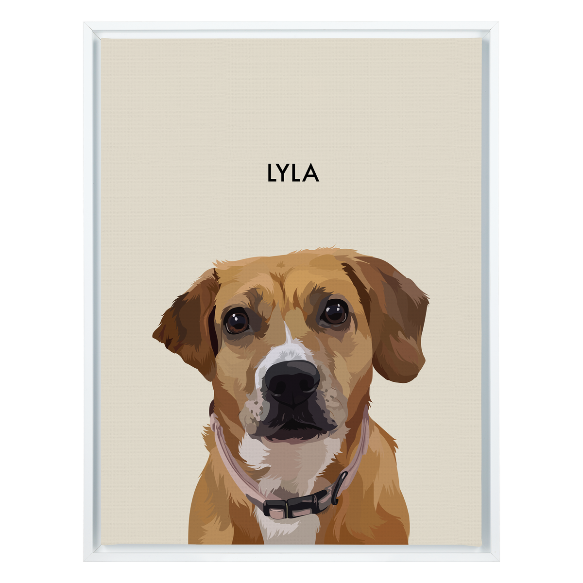 White framed 'Lyla' dog portrait on a beige 18x24 canvas background.