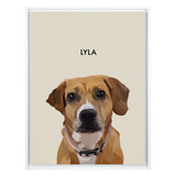 White framed 'Lyla' dog portrait on a beige 18x24 canvas background.