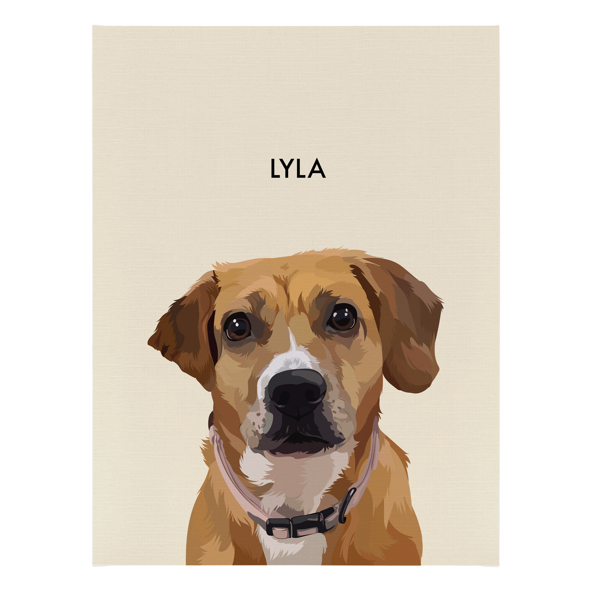 No framed 'Lyla' dog portrait on a beige 18x24 canvas background.