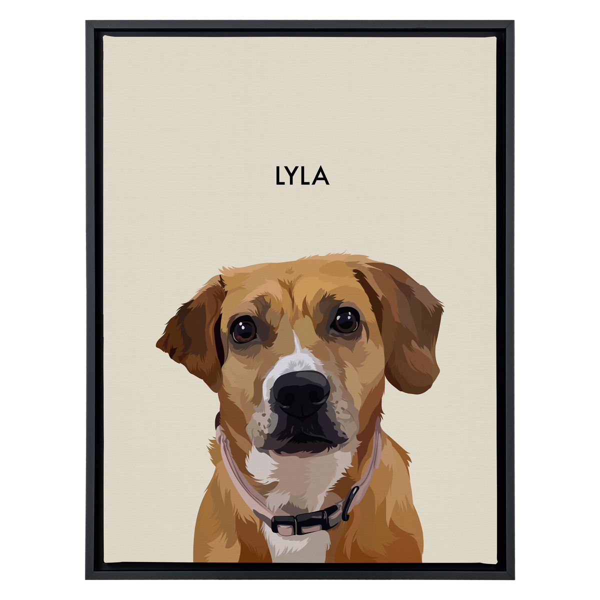 Black framed 'Lyla' dog portrait on a beige 18x24 canvas background.