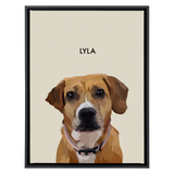Black framed 'Lyla' dog portrait on a beige 18x24 canvas background.