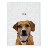 White framed 'Lyla' dog portrait on a white 18x24 canvas with gay leaves background.