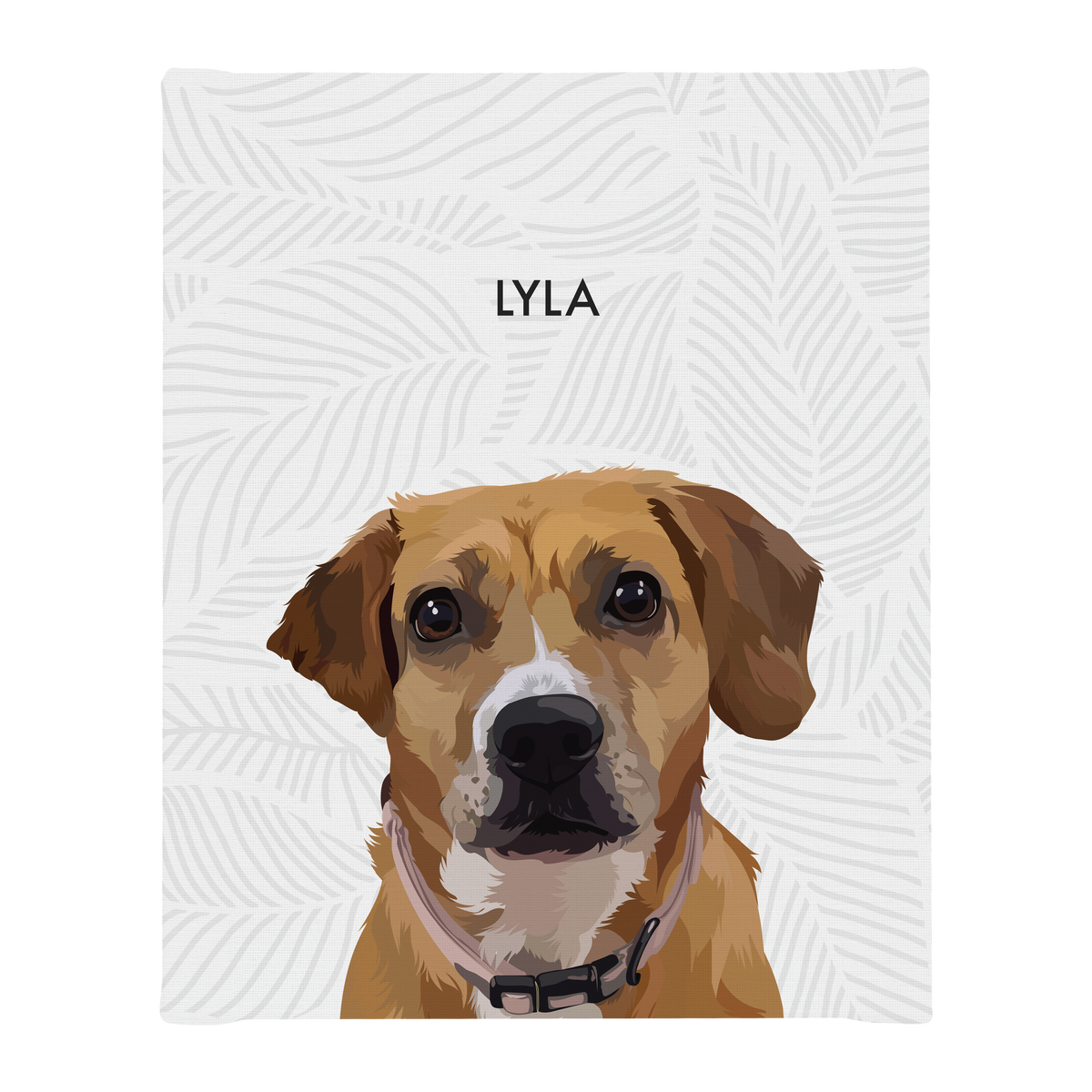 No framed 'Lyla' dog portrait on a white 18x24 canvas with gray leaves background.