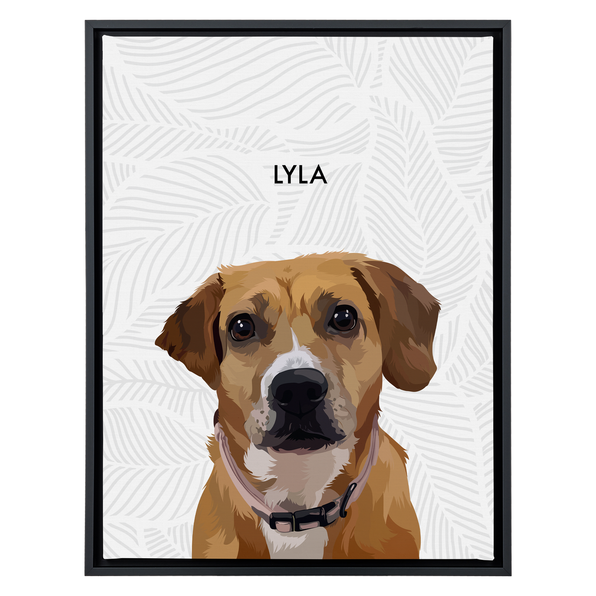 Black framed 'Lyla' dog portrait on a white 18x24 canvas with gray leaves background.