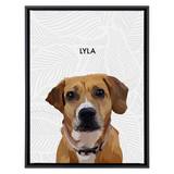 Black framed 'Lyla' dog portrait on a white 18x24 canvas with gray leaves background.