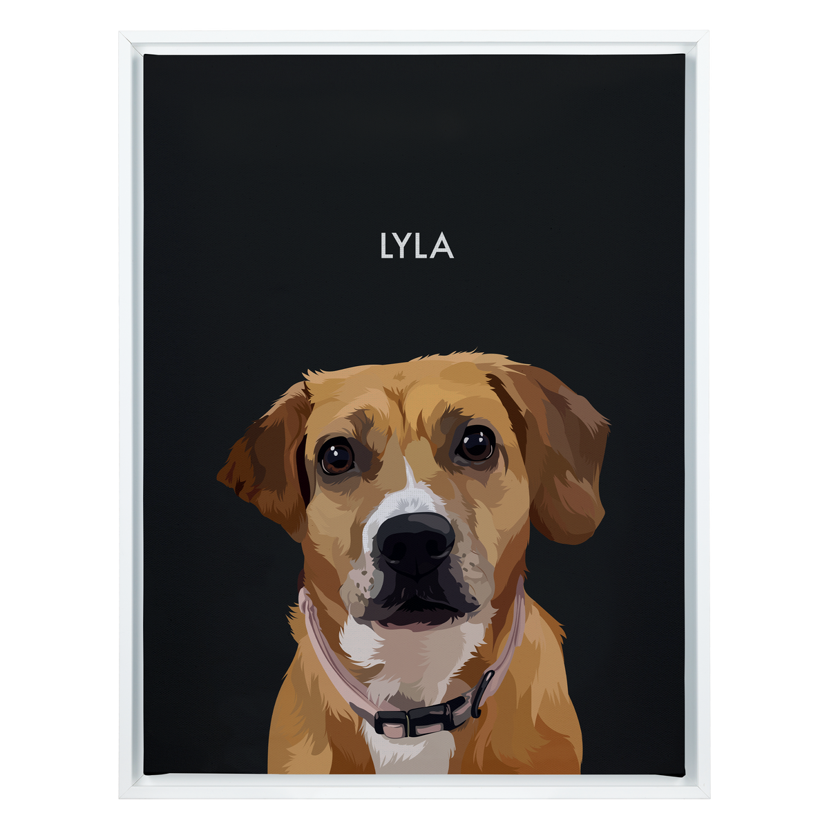 White framed 'Lyla' dog portrait on a black 18x24 canvas background.