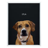 White framed 'Lyla' dog portrait on a black 18x24 canvas background.