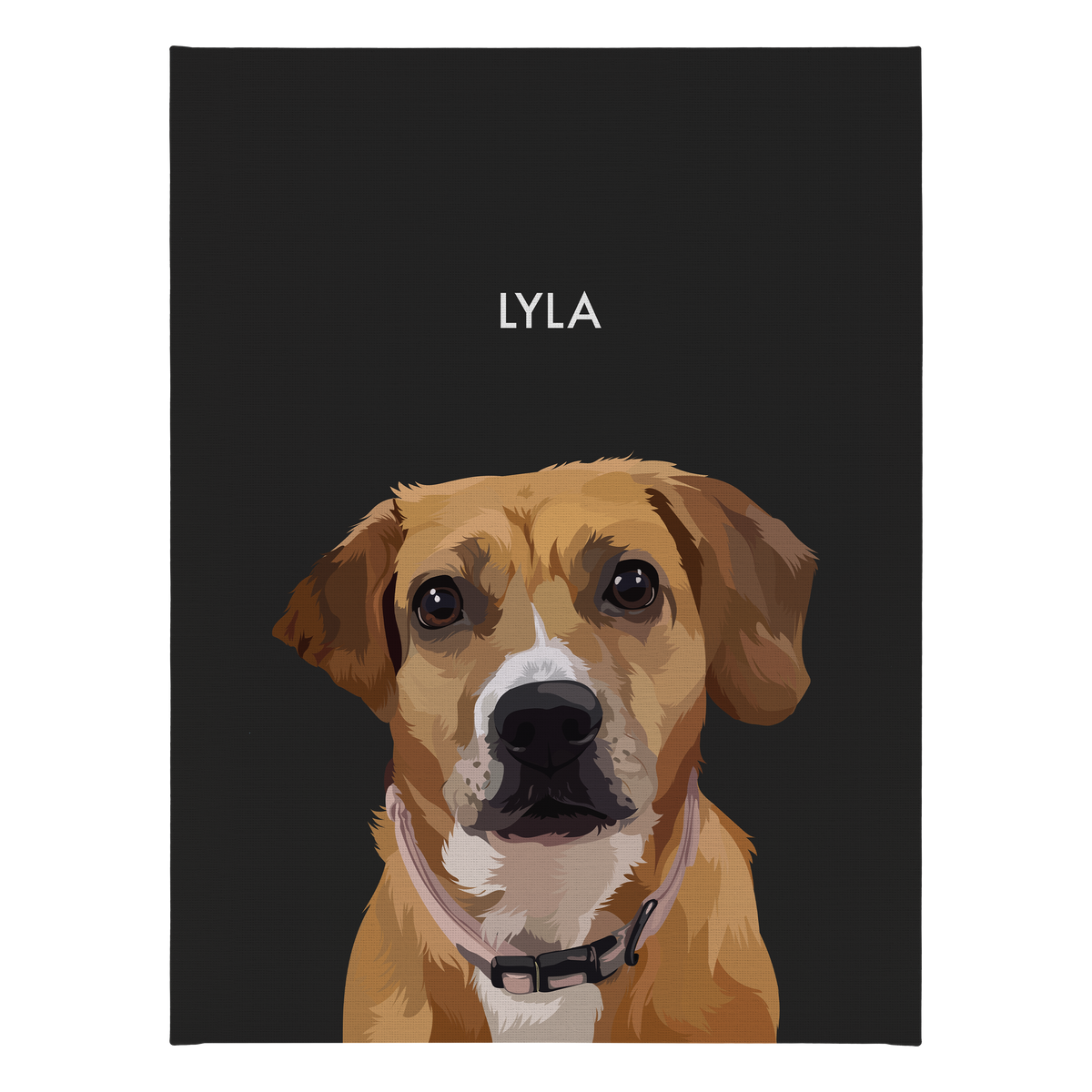 No framed 'Lyla' dog portrait on a black 18x24 canvas background.