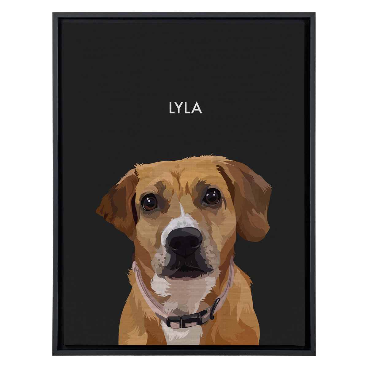 Black framed 'Lyla' dog portrait on a black 18x24 canvas background.