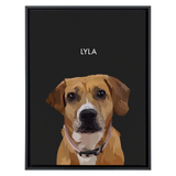 Black framed 'Lyla' dog portrait on a black 18x24 canvas background.