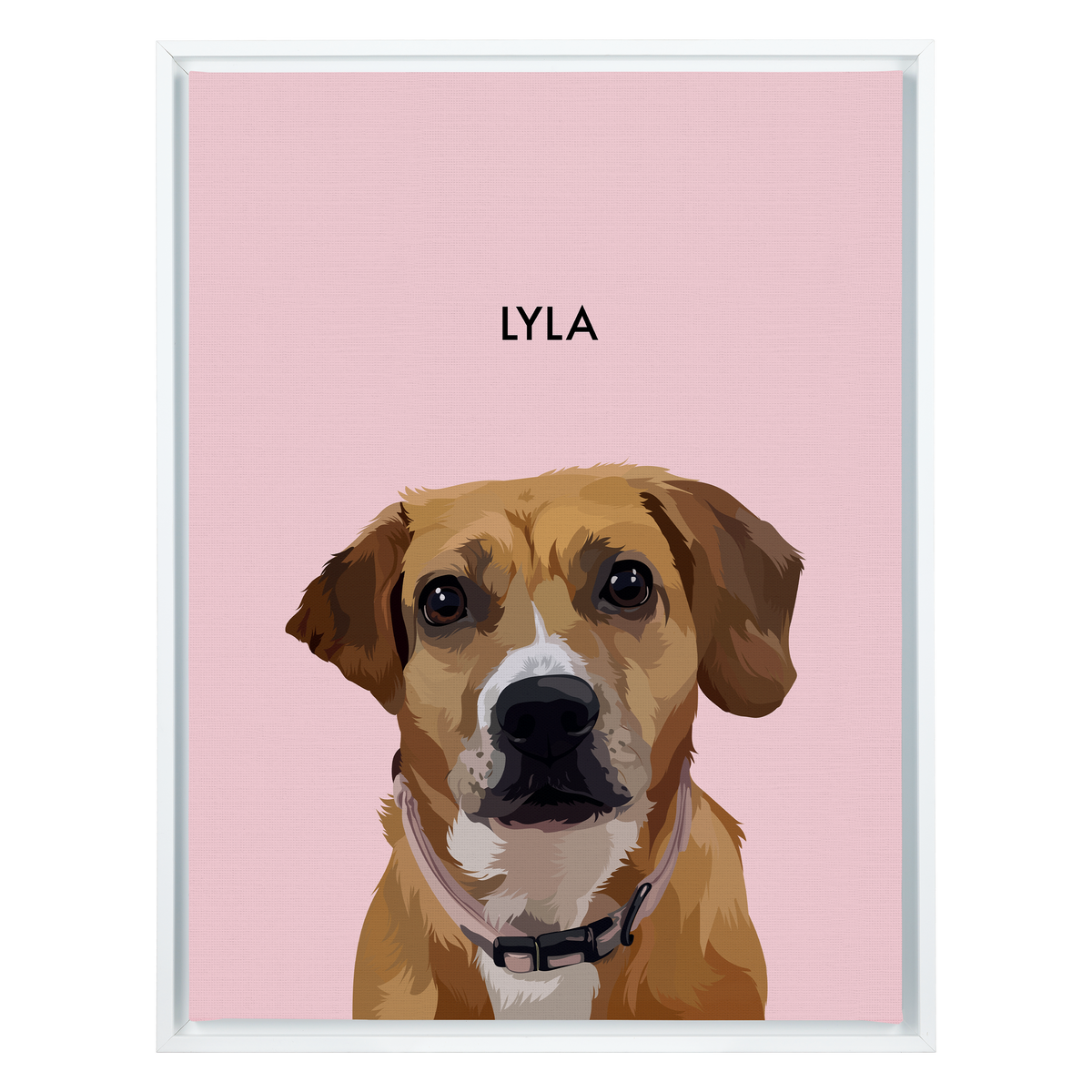White framed 'Lyla' dog portrait on a pink 18x24 canvas background.