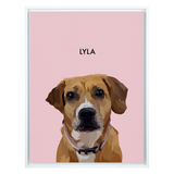 White framed 'Lyla' dog portrait on a pink 18x24 canvas background.