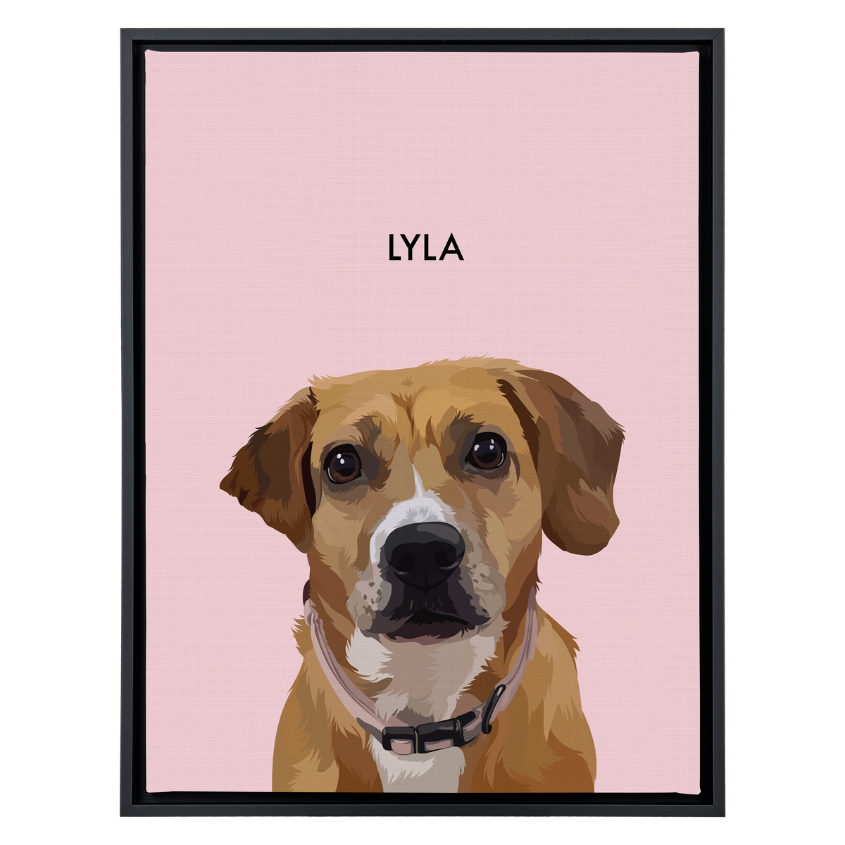 Black framed 'Lyla' dog portrait on a pink 18x24 canvas background.