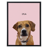 Black framed 'Lyla' dog portrait on a pink 18x24 canvas background.