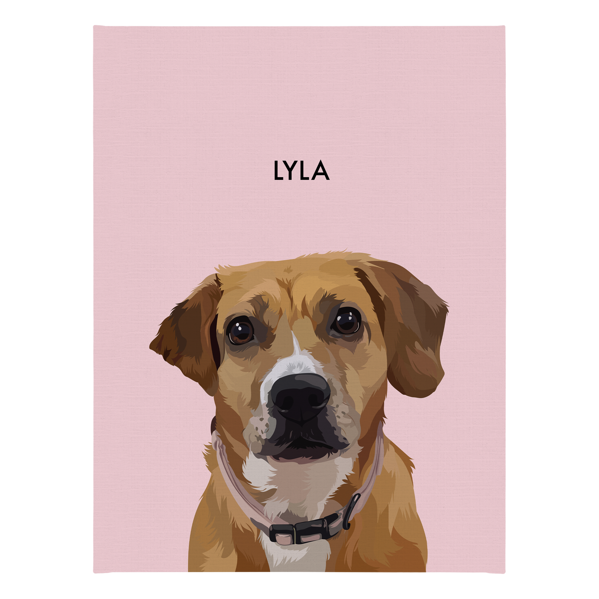 No framed 'Lyla' dog portrait on a pink 18x24 canvas background.