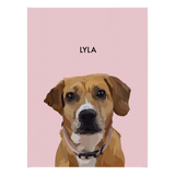 No framed 'Lyla' dog portrait on a pink 18x24 canvas background.