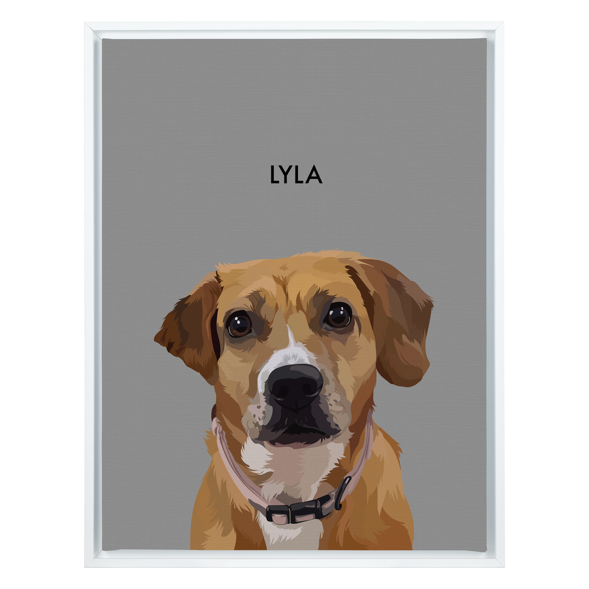 White framed 'Lyla' dog portrait on a gray 18x24 canvas background.