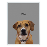 White framed 'Lyla' dog portrait on a gray 18x24 canvas background.