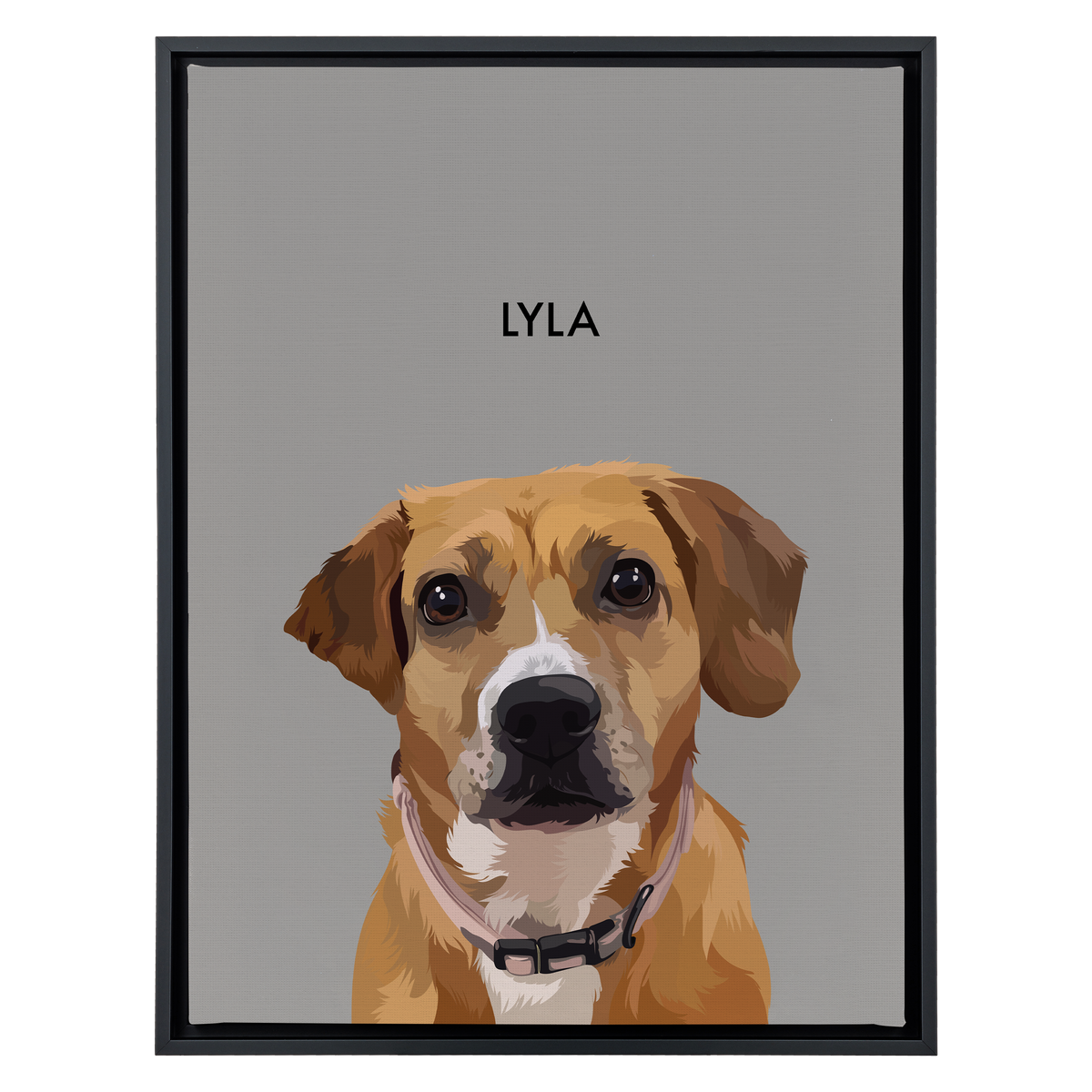 Black framed 'Lyla' dog portrait on a gray 18x24 canvas background.