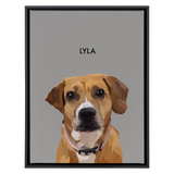 Black framed 'Lyla' dog portrait on a gray 18x24 canvas background.