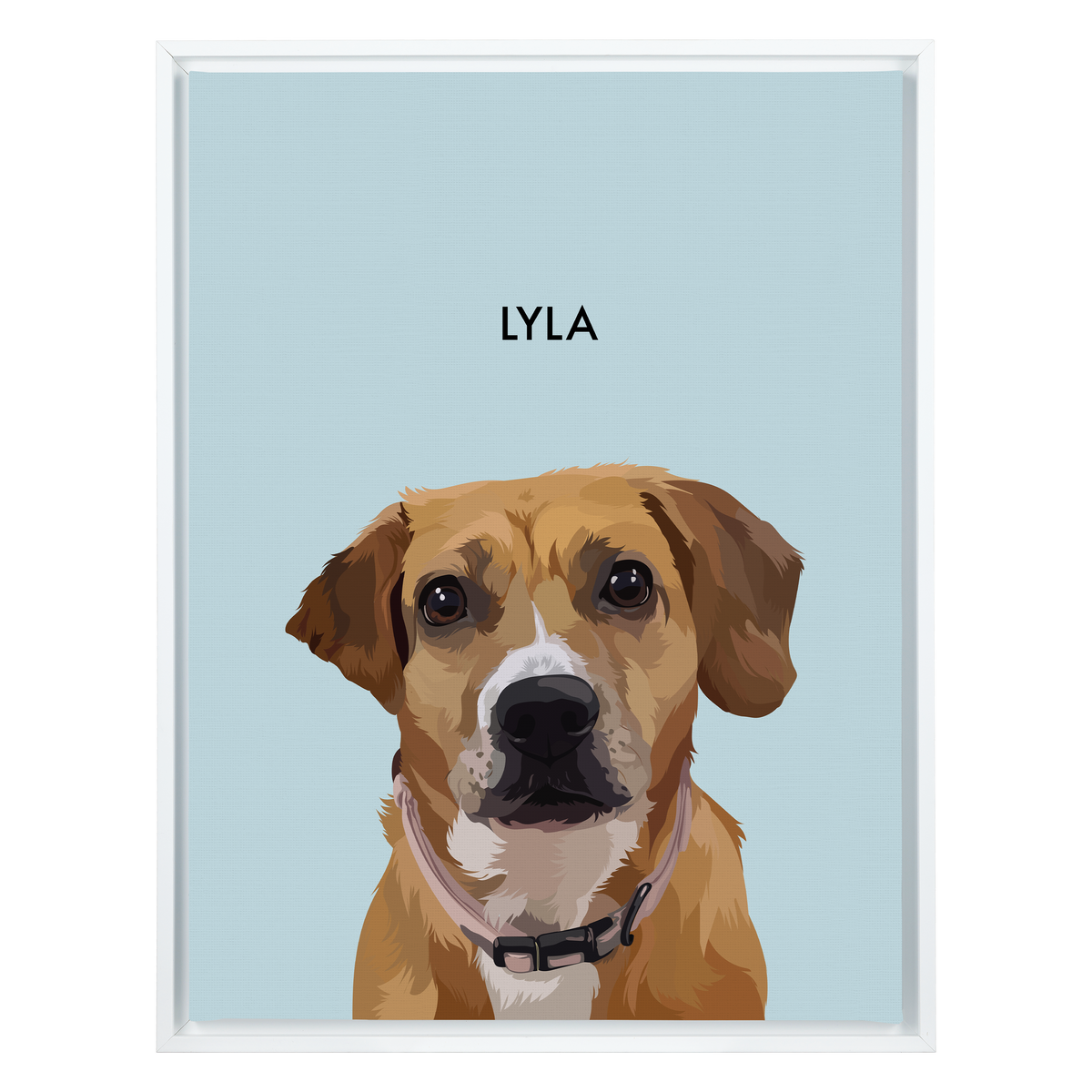White framed 'Lyla' dog portrait on a blue 18x24 canvas background.
