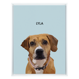 White framed 'Lyla' dog portrait on a blue 18x24 canvas background.