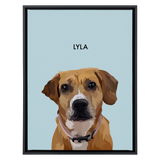 Black framed 'Lyla' dog portrait on a blue 18x24 canvas background.