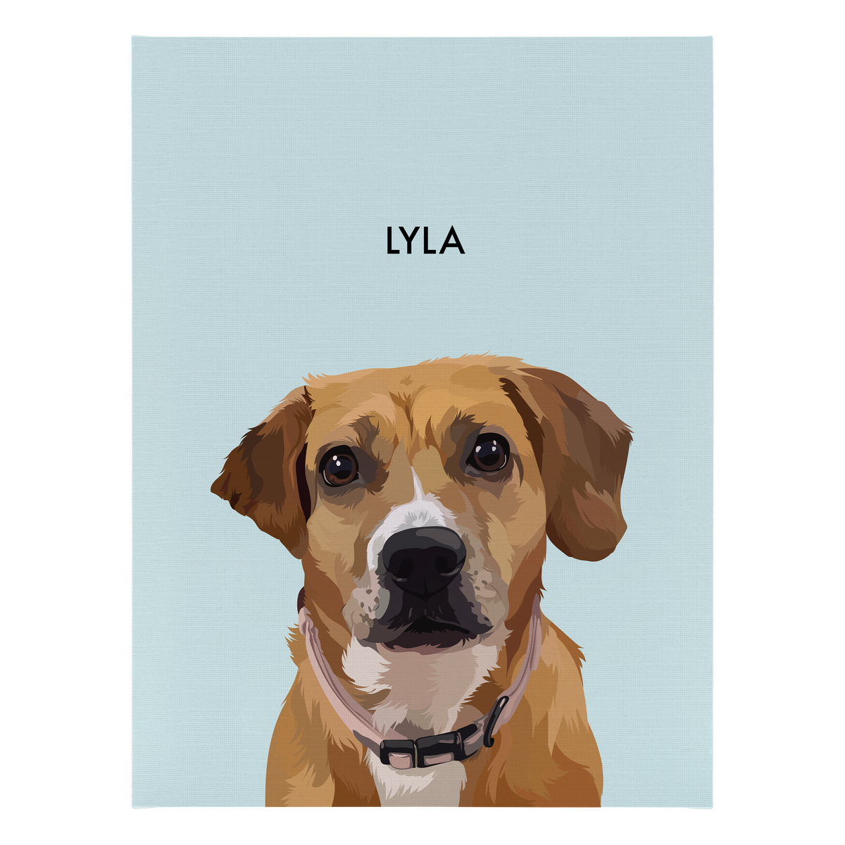 No framed 'Lyla' dog portrait on a blue 18x24 canvas background.