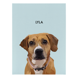 No framed 'Lyla' dog portrait on a blue 18x24 canvas background.