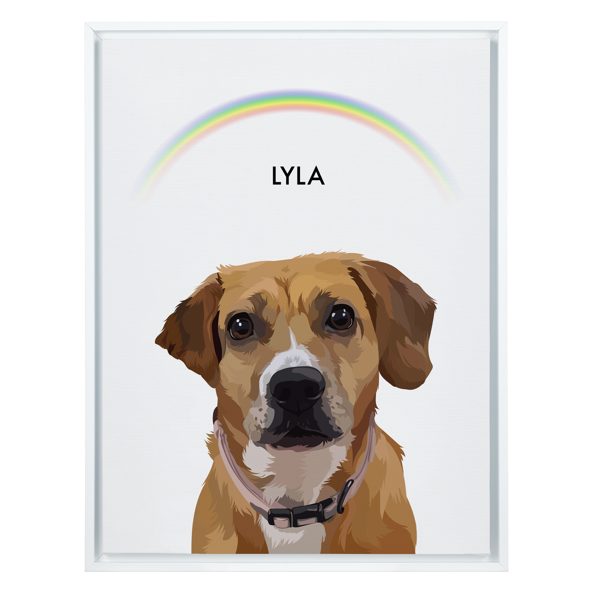 White framed 'Lyla' dog portrait on a white 18x24 canvas with a rainbow background.