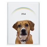 White framed 'Lyla' dog portrait on a white 18x24 canvas with a rainbow background.