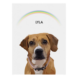 No framed 'Lyla' dog portrait on a white 18x24 canvas with a rainbow background.