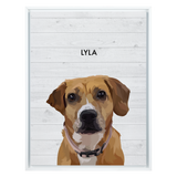 White framed 'Lyla' dog portrait on a white wood 18x24 canvas background.