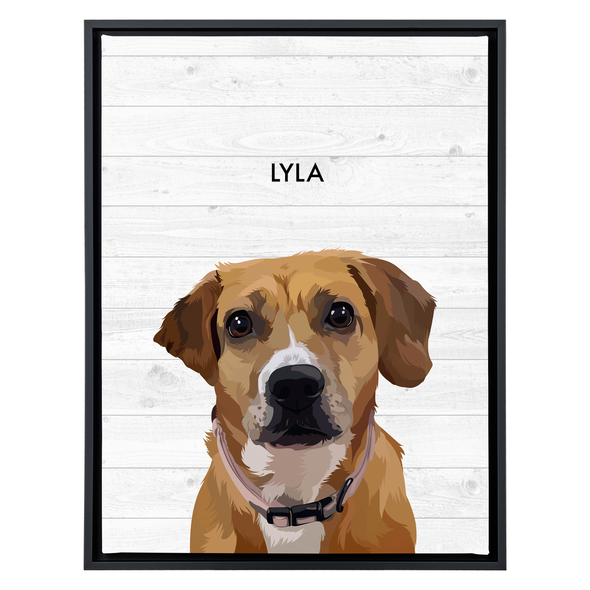 Black framed 'Lyla' dog portrait on a white wood 18x24 canvas background.