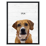 Black framed 'Lyla' dog portrait on a white wood 18x24 canvas background.