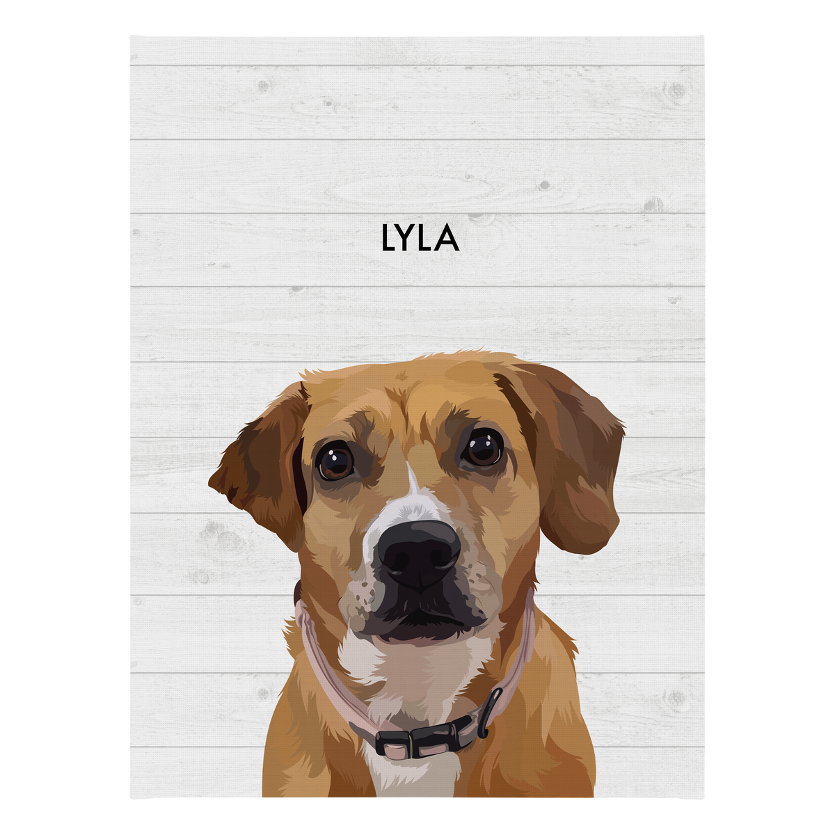 No framed 'Lyla' dog portrait on a white wood 18x24 canvas background.