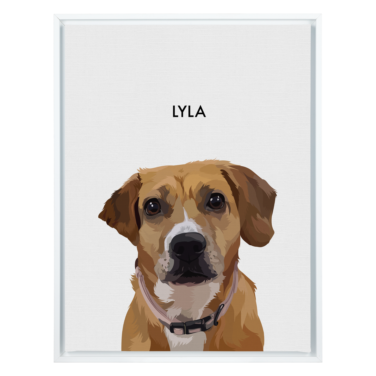 White framed 'Lyla' dog portrait on a white 18x24 canvas background.