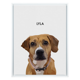 White framed 'Lyla' dog portrait on a white 18x24 canvas background.