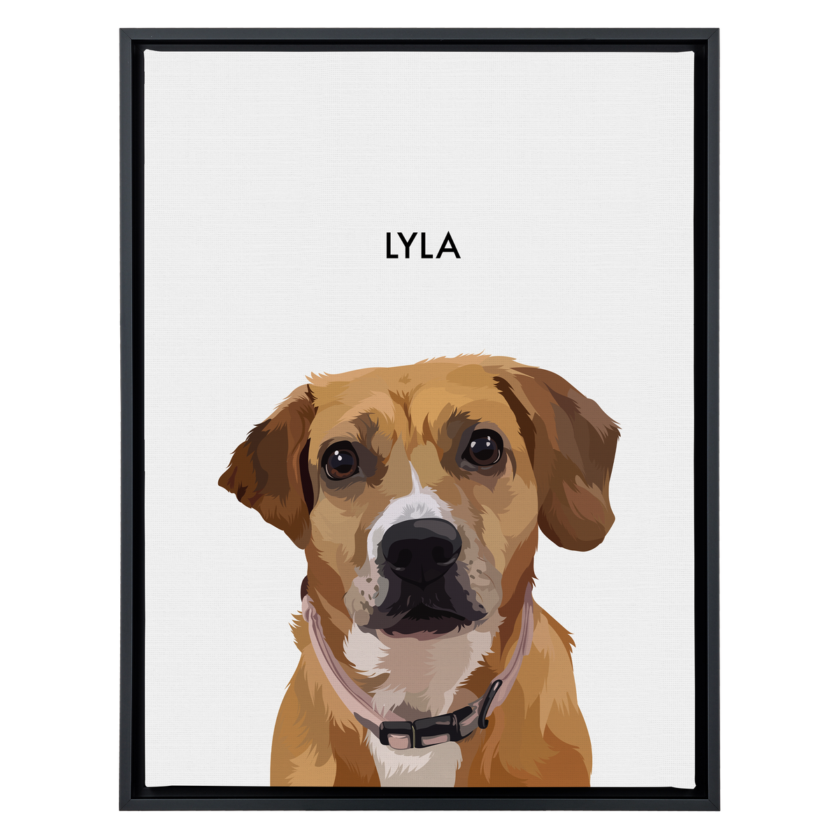 Black framed 'Lyla' dog portrait on a white 18x24 canvas background.