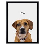 Black framed 'Lyla' dog portrait on a white 18x24 canvas background.