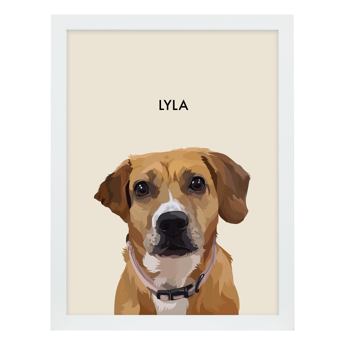White framed 'Lyla' dog portrait on a beige 18x24 canvas background.