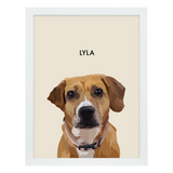 White framed 'Lyla' dog portrait on a beige 18x24 canvas background.