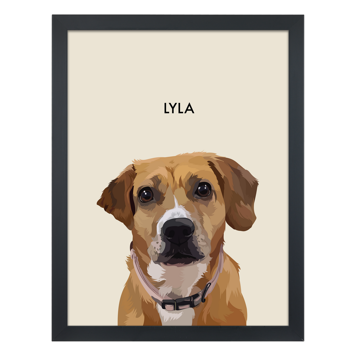 Black framed 'Lyla' dog portrait on a beige 18x24 canvas background.