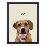 Black framed 'Lyla' dog portrait on a beige 18x24 canvas background.