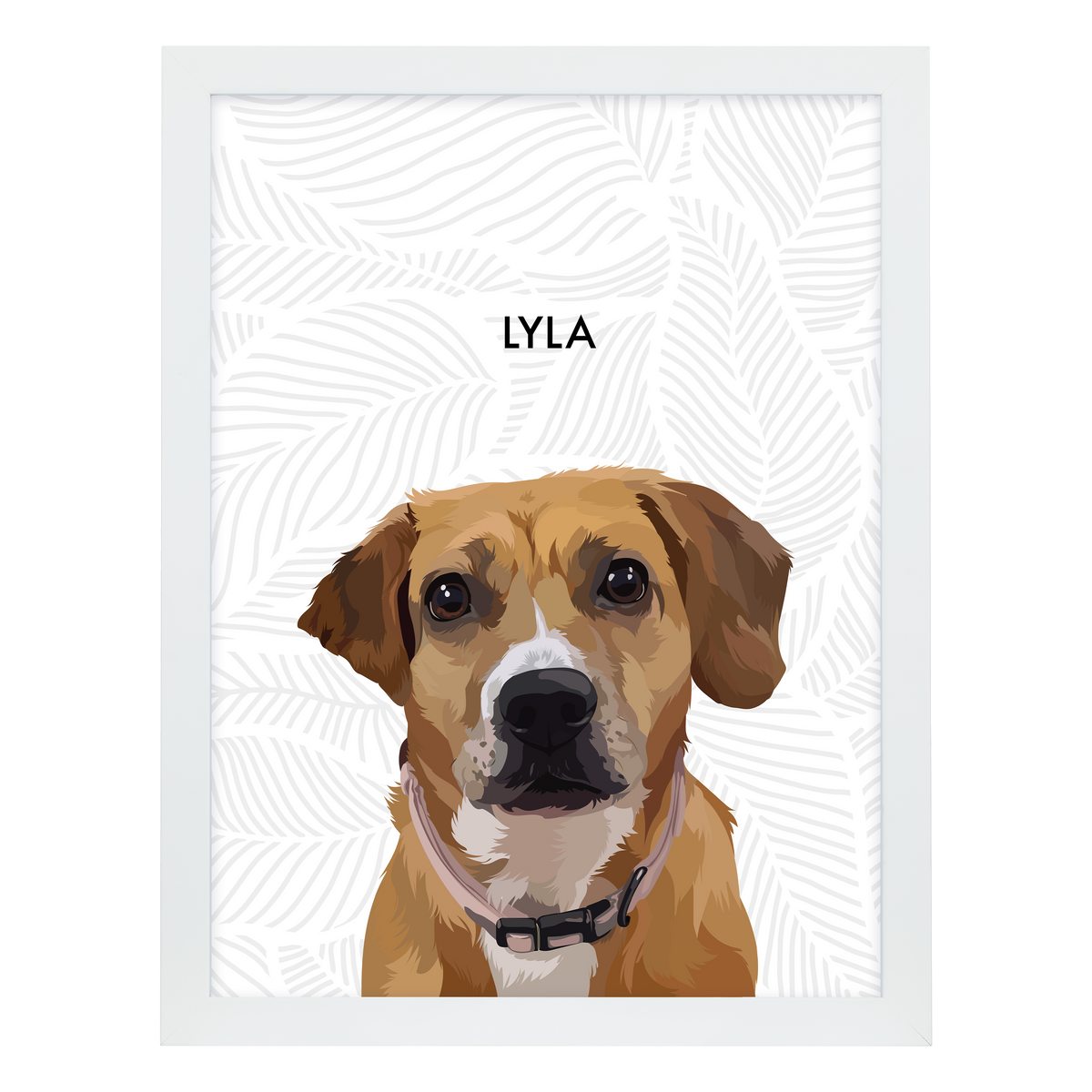 White framed 'Lyla' dog portrait on a white 18x24 canvas with gray leaves background.