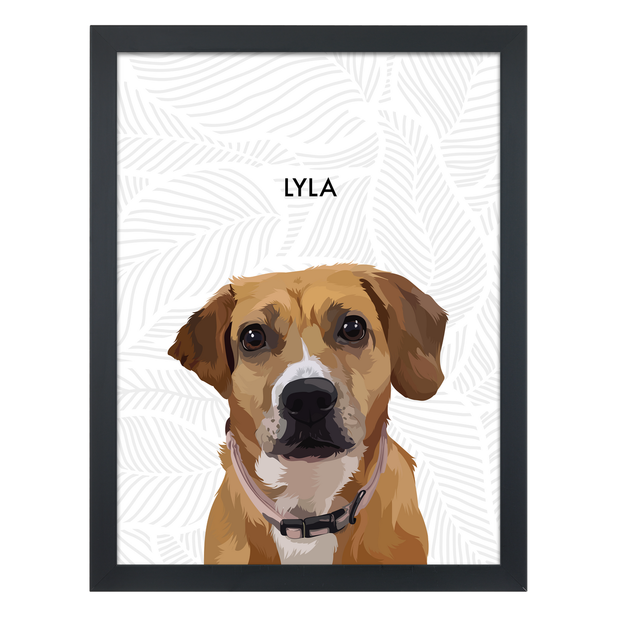 White framed 'Lyla' dog portrait on a white 18x24 canvas with gray leaves background.