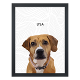 White framed 'Lyla' dog portrait on a white 18x24 canvas with gray leaves background.