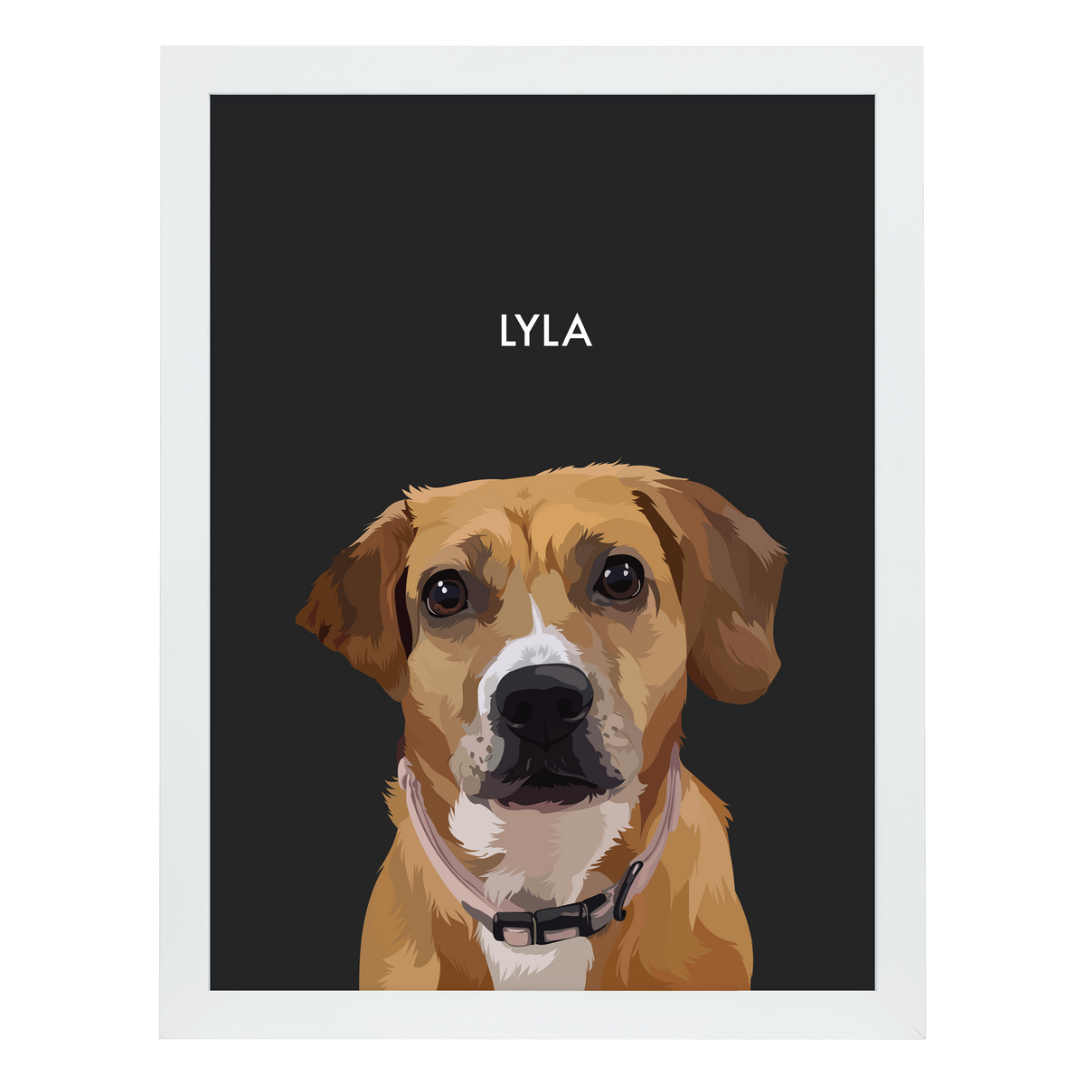 White framed 'Lyla' dog portrait on a black 18x24 canvas background.
