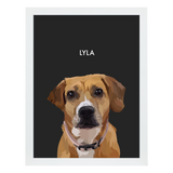White framed 'Lyla' dog portrait on a black 18x24 canvas background.